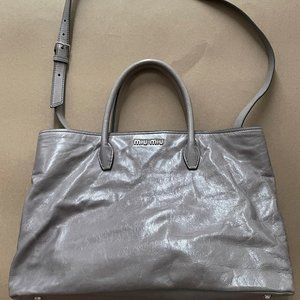 Miu Miu Vitello Shine Top Handle Leather Bag, Peltro